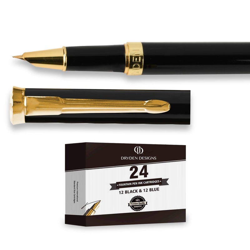 Dryden Designs Fine Nib Fountain Pen - Includes 24 Ink Cartridges - 12 Black and 12 Blue - Emerald Green - Smooth Elegant Writing with Fine Nib and Ink Converters - Image 4